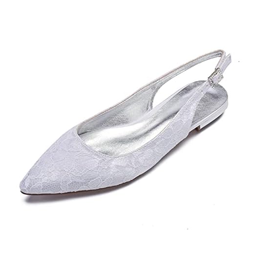 Kvinnors Pekade Toe Slingback Flat Pumps Fashion Elegant Lace Satin Bröllop Bröllop Skor Flats Ballerina Sandaler,White,39 EU