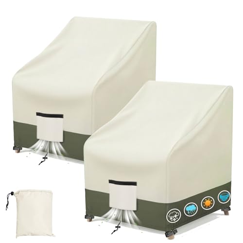 Patio Chair Covers 2 Packs, Outdoor Chair Covers with Drawstring & Buckle Straps, 420D Patio Chair Cover, Waterproof Ventilated Design, 95×82×95 cm, Beige & Olive Green.