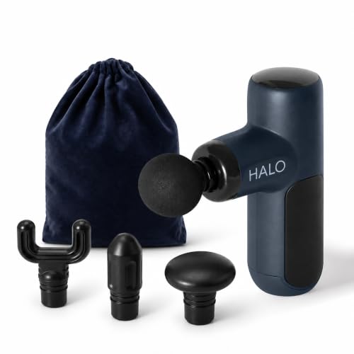 Halo Compact Percussion Massage Gun, 13.8 oz Portable Deep Tissue Massager, 4 Heads, 4 Speeds + Pressure Sensing Smart Mode, USB-C Rechargeable with Travel Pouch