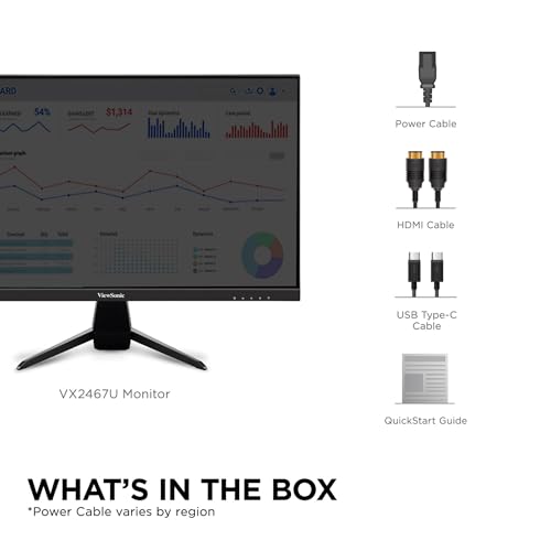 Image of ViewSonic VX2467U 24 Inch 1080p Monitor, IPS Display with 65W USB-C and Eye Care Technology for Home and Office Entertainment, Ultra-Thin Bezels, HDMI, and VGA Inputs