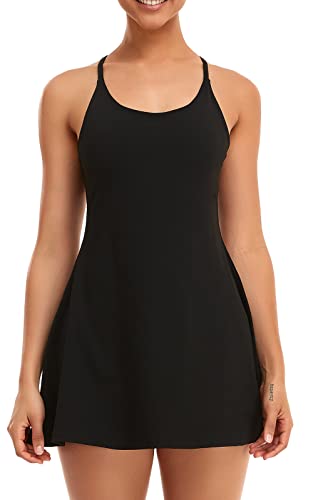 Siyiees Vestido de Tenis de Golf 2 en 1 para Mujer, Sexy, con Espalda entrecruzada, para Entrenamiento Diario, con Sujetador Integrado y Pantalones Cortos Interiores, 3 Bolsillos, Negro, M