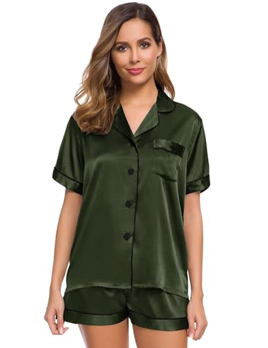 Image of SWOMOG Womens Silk Satin Pajamas Set Two-piece Pj Sets Sleepwear Loungewear Button-Down Pj Sets Army Green