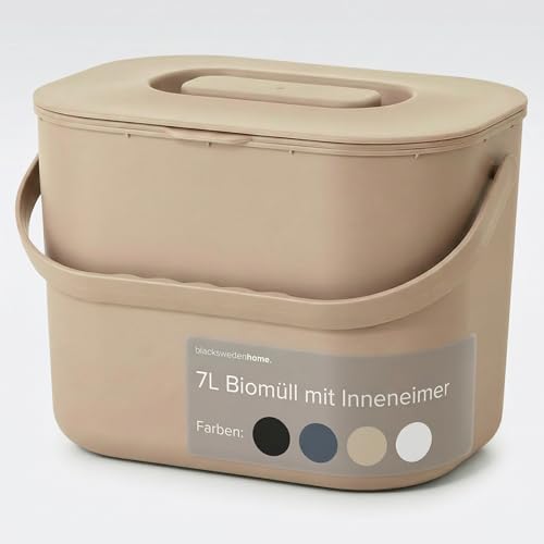 blackswedenhome. Biomülleimer Küche - 7L - Design Komposteimer mit Sieb - Bio-Mülleimer Geruchsdicht - Bio Abfalleimer- Komposter Eimer mit Deckel - Bioabfallbehälter für Küche - Beige
