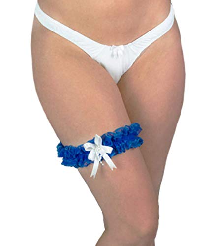 Starline Lingerie - Liga para piernas de boda, color blanco y azul, con perlas, lazo hecho a mano, suave y sedoso satén con delicadas perlas y lazos Azul Perla azul real. Talla única