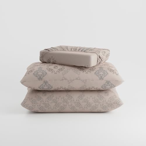 Image of BLISSHOME Everlast 150TC King Size Fitted Bedsheet with 2 Pillow Covers, Aesthetic Bedding, Wrinkle Resistant, 100+ Wash Durable, Quick Dry, Elegant Ornate Pattern - Champagne (183cm x198cm+25cm Drop)