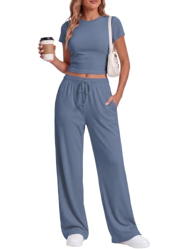 LanGui 2 Piece Sets for Women Summer Vacation Outfits Travel Holiday Matching Sets Women Clothing Pajama Wide Leg Pants Dusty Blue S