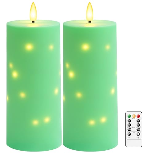 Image of kakoya 10 inch x 4 inch Large Outdoor Waterproof Flickering Flameless Candles with Timer,2Pcs Battery Operated LED Pillar Candles with Embedded Star String for Outdoor Lanterns,Porch,Patio Decor(Green)