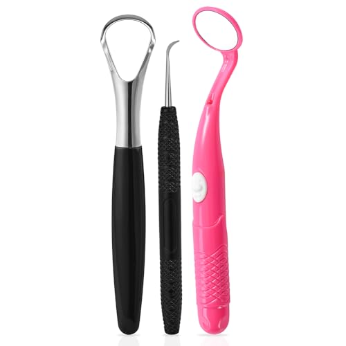 Image of Oral Care Dental Cleaning Kit, Dental Mirror with Light, Explorer Pick, and Tongue Scraper Quality Stainless Steel Dental Tools, Easy-Grip Handle (red mirror)