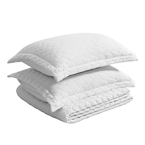 Moonline Quilt Set Full/Queen Size White 3 Piece,Stone Washed Lightweight Soft Microfibre Classic Geometric Diamond Pattern Reversible Quilted Bedspread&Coverlet (1 Quilt And 2 Pillow Sham) #TOP3