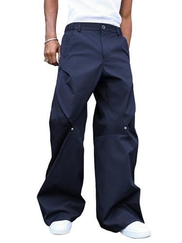 ZAFUL Mens Casual Pants Button Street Solid Color Wide Leg Patchwork Rivet Loose Fit Work Trousers