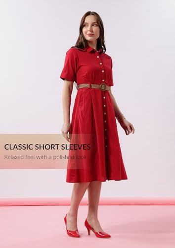 Image of FYLTR Women's Solid Midi Dress - 100% Cotton | Half Sleeve | Western Dress for Women | Office wear Dress (Belt Included)