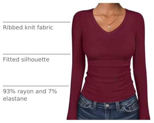 Image of ANRABESS Long Sleeve Shirts for Women Fall V Neck Slim Fit Tops Basic Tee