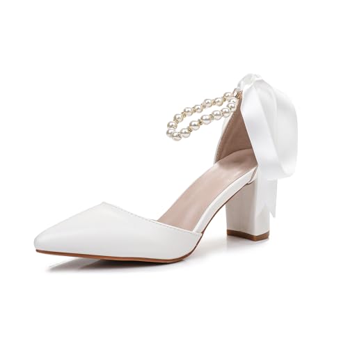 Bridal Shoes for Women White Pearl Heels Leather Closed Toe Pumps 3 Inch Chunky Heel Wedding Shoes for Bridal Heels Wedding Party Evening Casual Wear