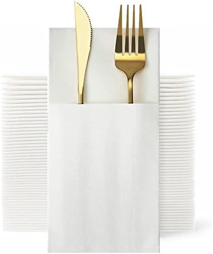 DADAWU Disposble Cloth Like Napkins Pocket Napkins,Wedding Party Linen Feel White Napkin, Prefolded for Silverware,40 x 40cm,Pack of 50