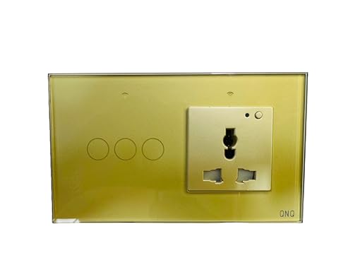 Image of QNQ SMART WiFi TOUCH SWITCH 3 SWITCHES + 1 UNIVERSAL SOCKET (10 amps each) 800 WATT /SWITCH GLASS : Elevate Your Home with Effortless Control Home Automation. fits in 4 module concealed board (GOLD)