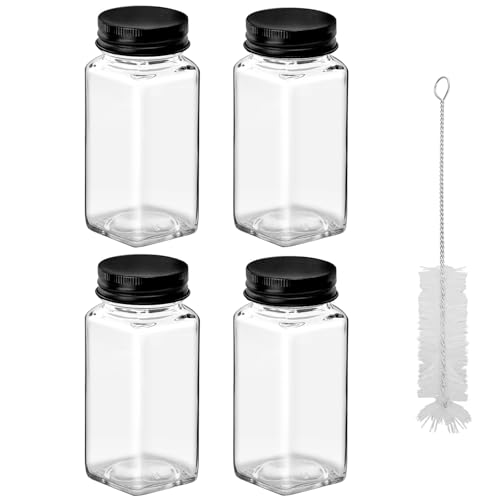 eispap 4Pcs 4oz Glass Spice Jars with Shaker Lids, Spice Jars Trial Set & Supplement Set, Empty Spice Containers and Square Spice Bottles for Kitchen (black iron Lids)