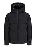 JACK & JONES Mens Puffer Jacket Hooded Long Sleeve Detachable Hood Full Zip Outdoor Windproof Jacket for Men, Black Colour, UK Size - M