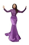 Satin Mock Turtle Neck Prom Dress Mermaid Evening Dress Petite Long Sleeve Formal Dresses High Strappy Sequin Plum Size 4 JS0024