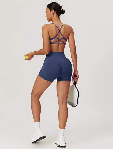 ABOCIW 2 Piece Seamless Workout Sets for Women Scoop Neck Strappy Sports Bra Scrunch Butt Lifting Gym Impact Shorts4