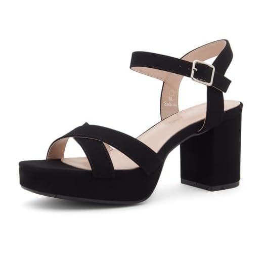 Shoe Land Salto plataforma feminino – Sandálias de salto grosso de 7,6 cm, bico aberto quadrado, tira no tornozelo, salto alto com tiras elegantes para casamentos, festas e eventos noturnos