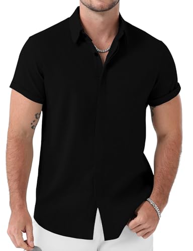 Men's Stretch Like Linen Short Sleeve Button Down Shirts Summer Casual Beach Vacation Wedding Texture Shirt
