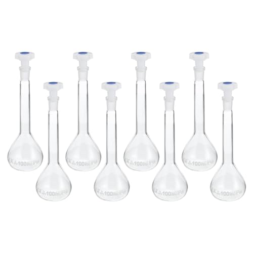 PATIKIL 100ml Messflasche 8Stk 3.3 Borosilikat Glas Volumetrischer Messkolben mit Verschlusskappe Tâ€¦ – Miniatur