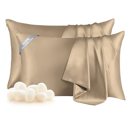 Image of THXSILK Set of 2 100% Mulberry Silk Pillowcase for Hair and Skin, Grade 6A+ Mulberry Silk Pillow Cases Ultra-Soft, Hypoallergenic Pillow Case Cover with Zipper (Queen 20 inchx30 inch, Taupe)
