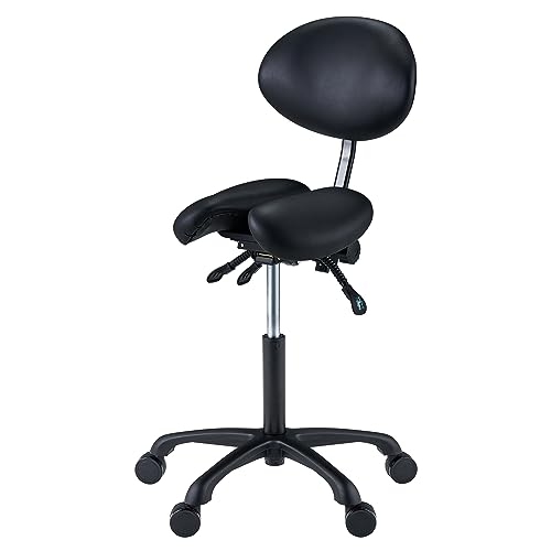 Master Massage Hydraulic Saddle Rolling Swivel Stool - Premium Multifunctional Ergonomic with Heavy Duty Metal Base for Clinic Dentist Lab Spa Massage Salons Studio (Black with Backrest)