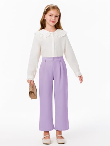 Image of Haloumoning Girls Uniform Pants Kids High Waisted Wide Leg Dress Pants Casual Trousers with Pockets 5-14 Years