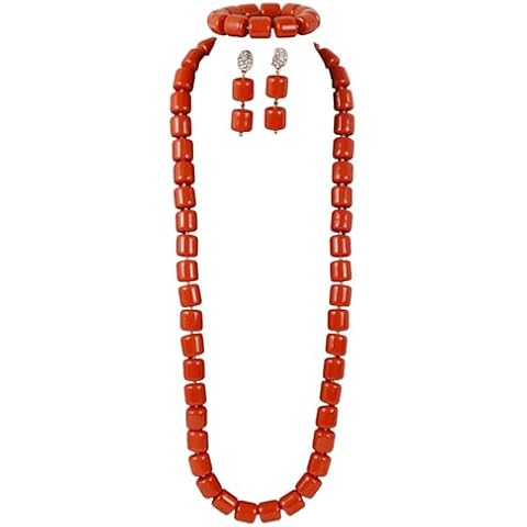 Africanbeads 1-Row Orange Coral Necklace Bracelet Earrings,Nigerian Wedding Coral Beads Jewelry Set Cover