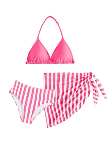 Girl's 3 Piece Striped Print Halter Bikini Set High Cut Triangle with Beach Cover Up Skirt Swimsuit Bathing Suit
