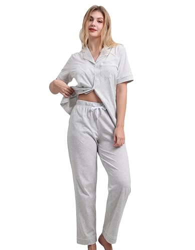 Image of NAP BOUND 100% Cotton Women's Pajama Sets Short Sleeve Button Down Soft Pjs 2 Piece Lounge Set with Pocket Nightwear XS-XXL