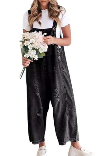 chouyatou Women Loose Adjustable Strap Denim Bib Overall Jeans Distressed Wide Leg Baggy Overalls Jumpsuit