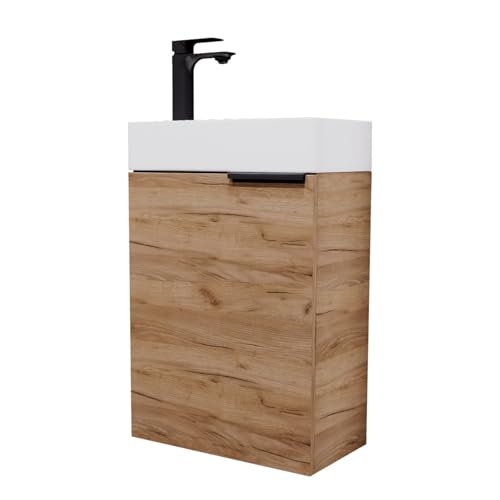 Planetmöbel Meuble sous lavabo 40 cm avec robinetterie Noir Mat, Meuble Salle de Bain avec Vasque pour Petites salles de Bains, WC invités, chêne doré