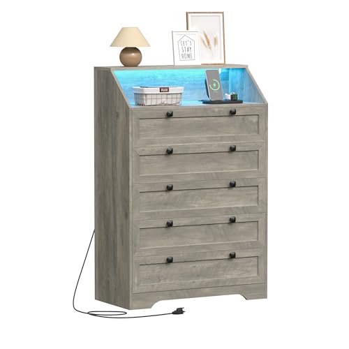 Wodeer Grey Dresser Tall 5 Drawer Dresser for Bedroom Wood Chest of Drawers with LED Lights Charging Station Metal Handles Modern Storage Cabinet and Organizer Drawers for Living Room Hallway