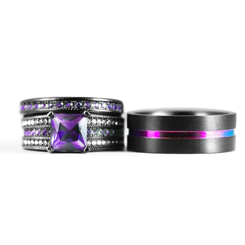 His and Hers Wedding Ring Sets Couples Rings Women 10K Black Gold Filled Purple Cz Wedding Engagement Ring Bridal Sets Men's Wedding Band by LOVERSRING - Used condition - US$15.13