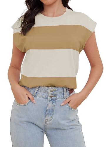 Image of HVT Womens Sweater Vest Cap Sleeve Tops Summer Loose Fashion Vest Striped Casual Shorts Sleeve Color Block Top Trendy Blouses