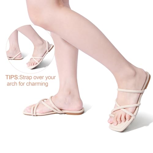 Image of FITORY Women's Slide Sandals Flat Toe Ring Thongs with Cross Strap for Summer Size