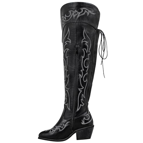 SheSole Thigh High Cowboy Boots for Women Wide Calf - Comfort Fit Over The Knee Cowgirl Boots with Almond Toe & Western Embroidery for Stability