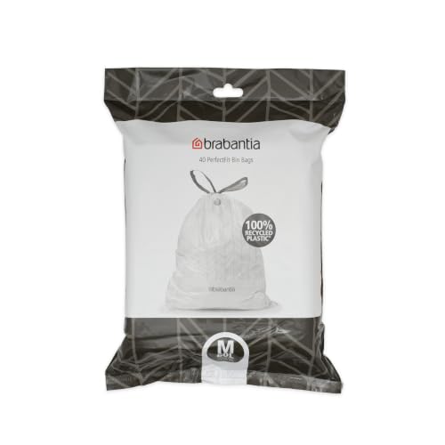 Brabantia 138829 PerfectFit Bin Liners (Size M/60 Litre) Thick Plastic Trash Bags with Tie Tape Drawstring Handles (40 Bags) White