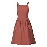 Pinknoke Cotton Linen Pinafore Apron Dress for Women with Pockets Cute Art Chef Aprons for Kitchen Baking Gardening Painting (Burnt orange)