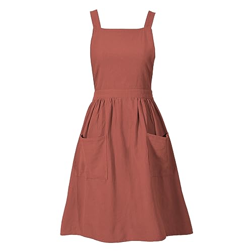 Pinknoke Cotton Linen Pinafore Apron Dress for Women with Pockets Cute Art Chef Aprons for Kitchen Baking Gardening Painting (Burnt orange)