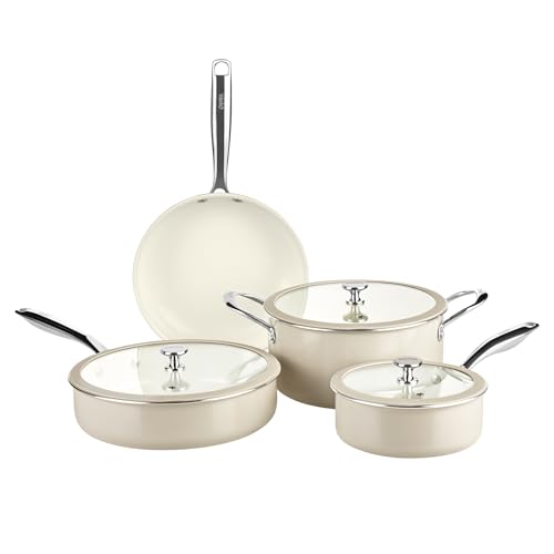 Pyrex 7-Piece Ceramic Cookware Set, Pots and Pans with Lids & Stainless Steel Handles, Healthy Nonstick Ceramic Coating, Induction Compatible Stainless Steel, PFAS Lead Cadmium BPA Free by Pyrex - Used condition - US$105.33