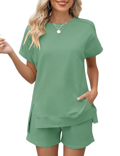 Image of LOMON Womens Fashion 2 Piece Outfits Sweatsuits 2026 Summer Short Sleeve Loungewear Tracksuit Round Neck Lounge Shorts Sets