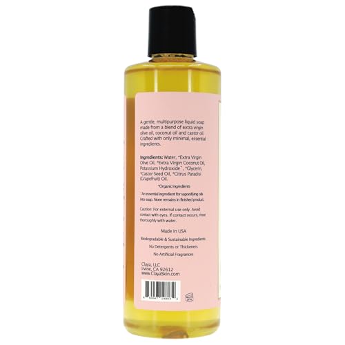 Image of Claya Pink Grapefruit Liquid Castile Soap - Organic Ingredients, Biodegradable, Citrusy Fresh Scent, Gentle for Skin and Multi-Purpose Use (2 Pack of 16 fl oz (Disc Cap))