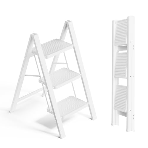 Image of SOLADDER Step Ladder 3 Step Folding, Small Step Stool for Adults, Portable Anti-Slip Iron Stepladder with Wide Pedals for Home and Kitchen Use, Space Saving - White (300 lbs)