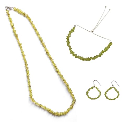 Juego de joyas de plata y pepitas de peridoto ideal para lucir elegancia natural en tu día a día
