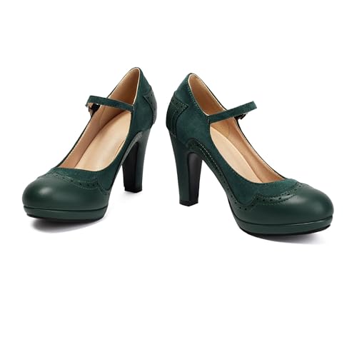 Women's Mary Jane Wingtip Classic and Retro 1920s Pump Heels Oxford Pattern Vintage Round Closed Toe 1950s Ankle Strap Dress Shoes2