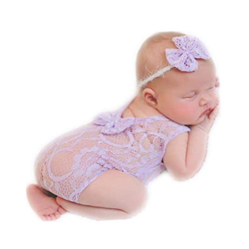 Newborn Infant Baby Photography Props Girls Lace Bow Vest Bodysuits Romper Photo Shoot Princess Clothes (Purple)
