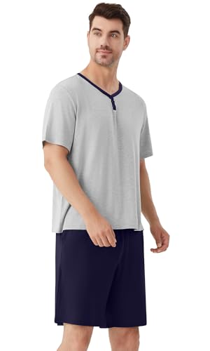 WiWi Mens Pajamas Set Viscose from Bamboo Short Sleeve Top & Pajama Shorts Sleepwear Soft Loungewear with Pockets S-XXL3